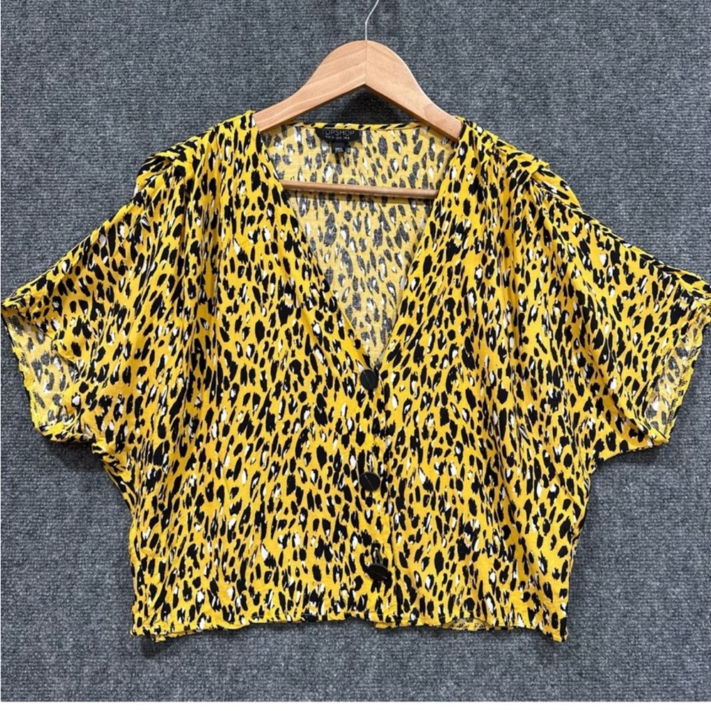 TOPSHOP Women’s Yellow Animal Print V-Neck‎ Button Front SS Cropped Shirt SZ 8